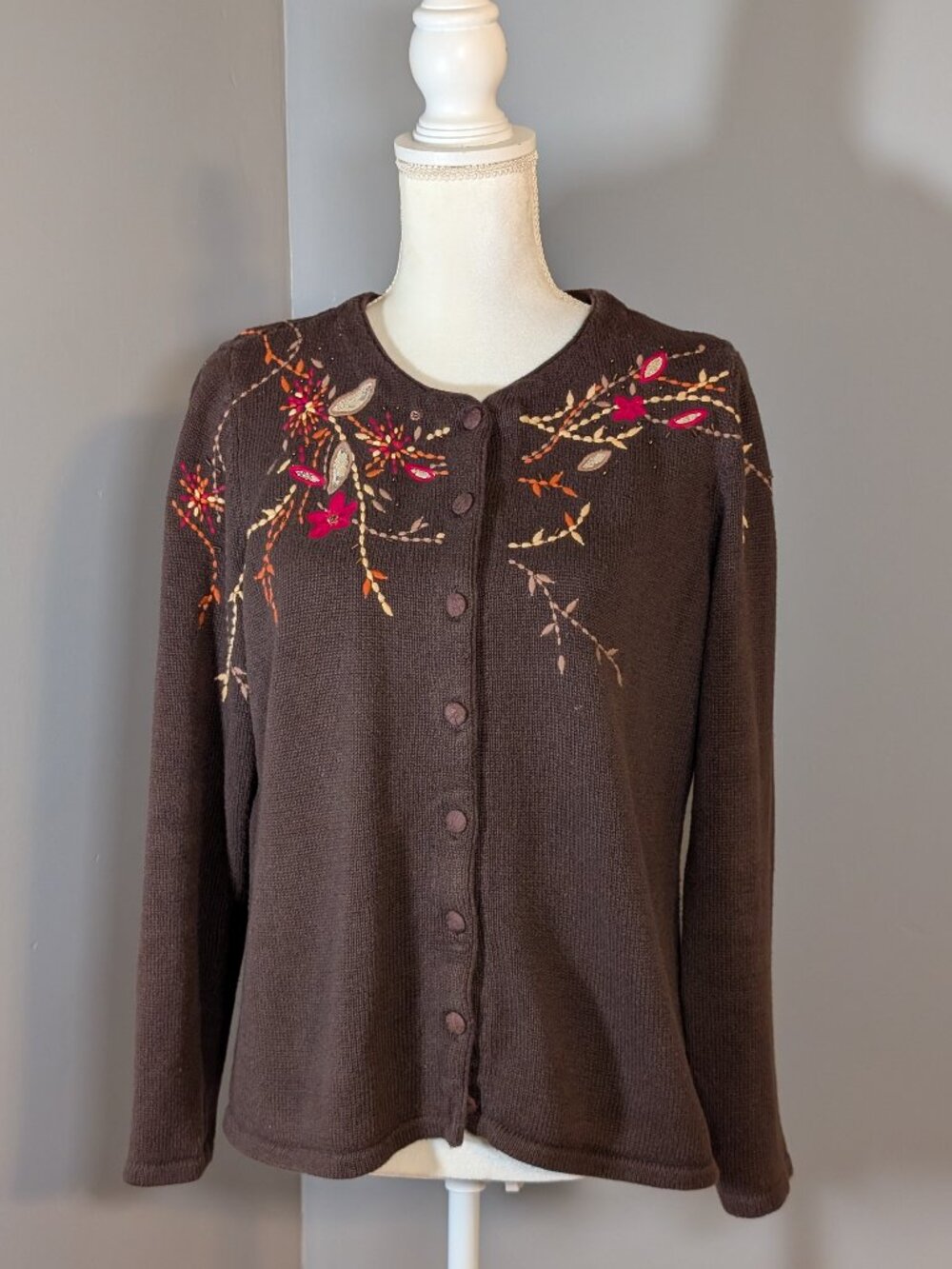 Christopher & Banks Women's Brown Fall Beaded & Embroidered Cardigan Size L